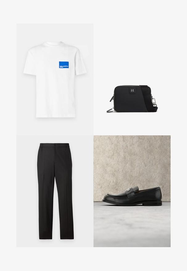 Witte katoen t-shirt met een blauw rechthoekig logo op de linkerborst met de tekst "KARL LAGERFELD JEANS". Met rond de hals ontwerp.; Zwarte broek met een rechte pijpdesign, elastische tailleband met knoopsluiting, vlakke voorkant en gladde stofstructuur.; Zwarte leren loafer met een metalen merktekenplaatje, rustend bij een bruine ronde tafel op een beige tapijtvloer.; Zwarte rechthoekige tas van textured materiaal, met een ritssluiting, verstelbare schouderriem en een logo-opdruk aan de voorkant.