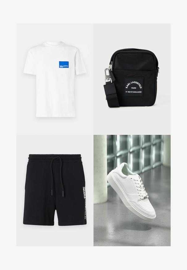 Valge puuvillane T-särk, mille vasakul rinnal on sinine ristkülikukujuline logo ja tekst "KARL LAGERFELD JEANS". Ümar kaelus.; Mustad puuvillased lühikesed püksid, millel on paelaga vöökoht, külgedel valge logo trükk ja sile tekstuur. Klassikaline disain.; Valge nahast vabaajajalanõu ümara ninaga, paeltega ees ja tasase kummitaldaga. Omaduseks on perforatsioonid ja peen logo.; Musthave muströömiline must nailonist risti kott, millel on ristkülikukujuline kuju, esiosas plaastriga silt, hõbedased detailid ja reguleeritav rihm.