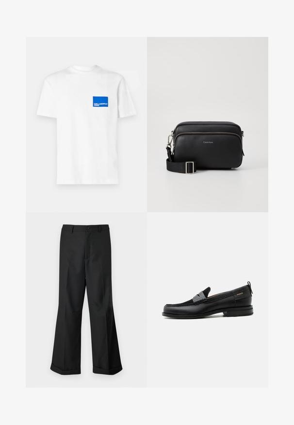 Hvid bomulds t-shirt med et blåt rektangulært logo patch på venstre bryst med teksten "KARL LAGERFELD JEANS". Rund hals design.; Sorte vide benbukser med knappet talje og opslåede ben, præsenteret mod en ensfarvet hvid baggrund.; Sort læderloafer med grå remdetalje, lav hæl og tekstureret sål, mærket med "HUGO" i guld på siden.; Sort læder crossbody taske med to lynlåslommer, struktureret overflade, justerbar rem og sølvhardware detaljer. Calvin Klein-logoet er vist.