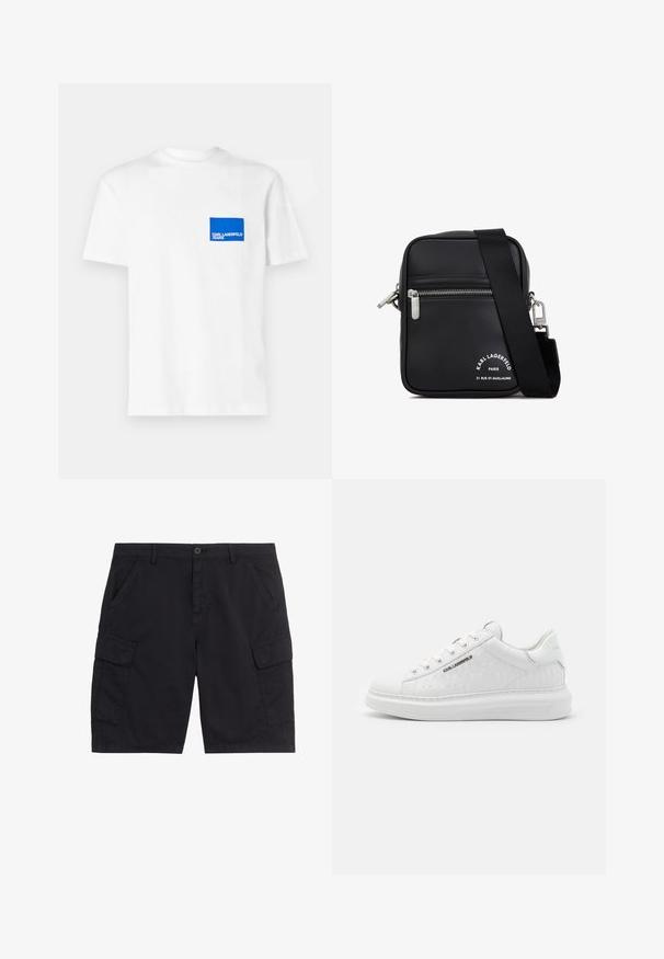 Biela bavlnená tričko s modrým obdĺžnikovým logom na ľavej hrudi s textom "KARL LAGERFELD JEANS". Strih s okrúhlym výstrihom.; Čierne cargo šortky s predným gombíkom a zipsom, dvoma bočnými vreckami, dvoma náprsníkovými cargo vreckami so záklopkou a pútkami na opasok.; Biele tenisky vyrobené z hladkej kože s embosovaným vzorom. Majú okrúhlu špičku, šnurovanie v prednej časti a textúrovanú podrážku. Strieborný detail loga na boku.; Čierna kožená crossbody taška so striebornými kovovými prvkami, so zipsom, textúrovaným povrchom a výrazným bielym brandingom na prednej strane.