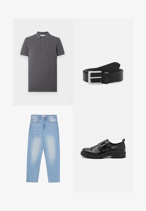 Polo gris foncé à manches courtes avec patte de boutonnage à deux boutons et logo brodé discret sur la poitrine gauche, sur fond blanc.; Jean en denim bleu clair avec une coupe décontractée, dotés de cinq poches, d'un léger délavage et de coutures le long des coutures.; Pier One Mocassins de ville - black; Ceinture en cuir noir avec une texture lisse, boucle rectangulaire en argent et une boucle pour l'extrémité. Présente des coutures soignées le long des bords.
