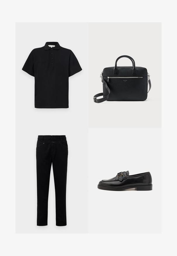 Sort polo shirt med korte ærmer, lavet af blød bomuld. Har en krave og en fire-knaps lukning. Enkel, minimalistisk design.; Sorte denimbukser med straight-leg design, der har knaplukning, fem lommestyle og en glat tekstur.; Sorte læder loafers med rund tå og en dekorativ spændeaccent. Flad, solid hæl og glat tekstur hele vejen igennem.; Sort struktureret rektangulær lædermappe med dobbelthåndtag, lynlåslomme foran og justerbar skulderrem vist på hvid baggrund.
