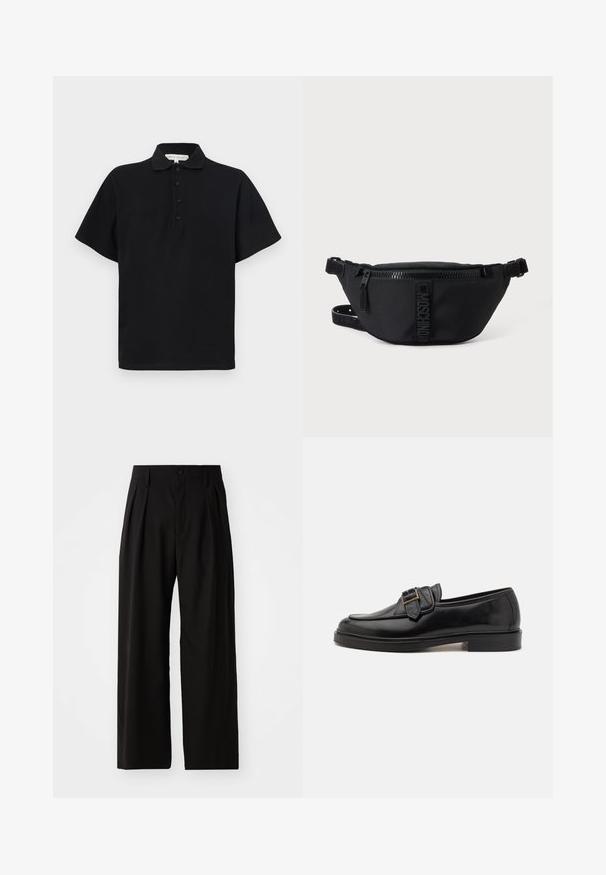 Schwarzes Polohemd mit kurzen Ärmeln, aus weichem Baumwollmaterial. Mit einem Kragen und einer Knopfleiste mit vier Knöpfen. Einfaches, minimalistisches Design.; Schwarze weit geschnittene Hose mit glatter Textur, zwei vorderen Falten, einem Knopfverschluss und seitlichen Taschen. Strapazierfähiger Stoff.; Schwarze Leder-Lederschuhe mit abgerundeter Zehenpartie und dekorativem Schnallenakzent. Flacher, solider Absatz und durchgehend glatte Oberfläche.; Schwarze Moschino Bauchtasche mit Frontreißverschluss und verstellbarem Riemen auf einfachem hellem Hintergrund.