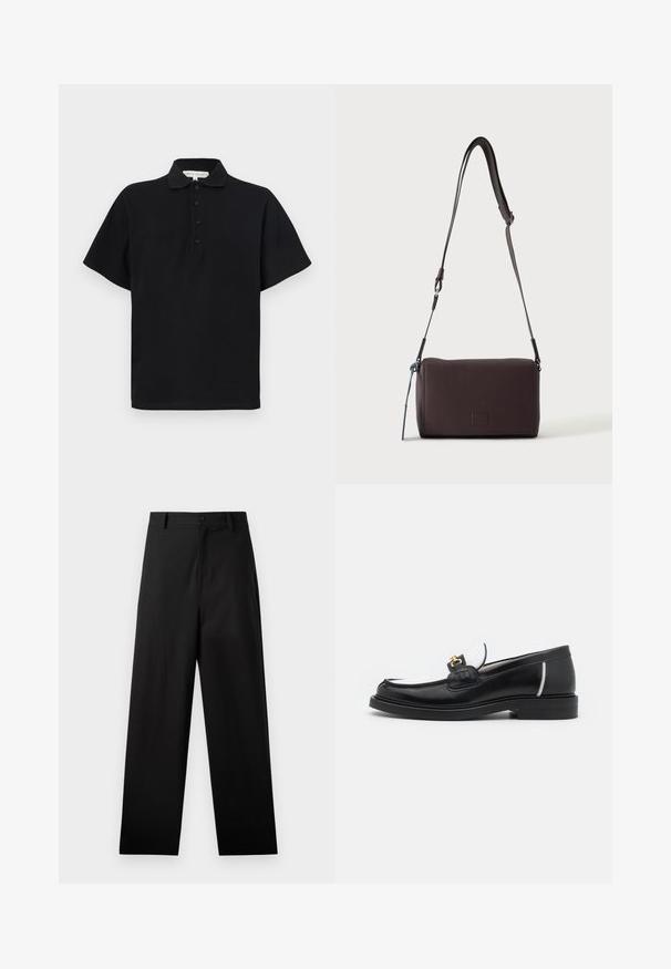 Sort polo shirt med korte ærmer, lavet af blød bomuld. Har en krave og en fire-knaps lukning. Enkel, minimalistisk design.; Sorte bukser lavet af bomuld med lige ben-design, der har en frontknaplukning og sidelommer. Glat tekstur, ingen mønstre.; Sort læder loafers med rund tå, hvide detaljer og guldbelagte metaldele på vamps. Har et struktureret patch og stablet hæl.; Mørkebrun textured læder crossbody taske med justerbar rem og lille dekorativ blå accent på siden.