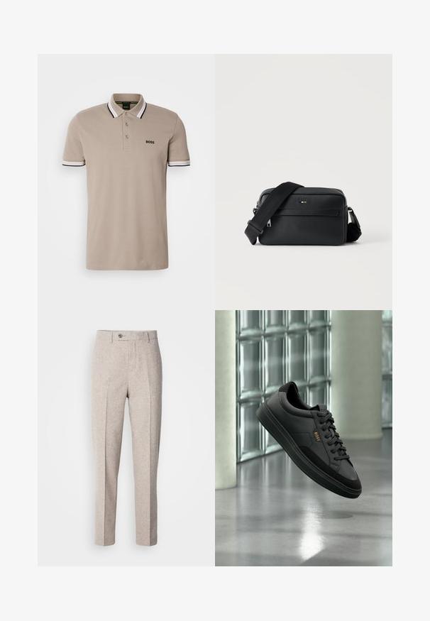 Beige polo särk klassikalise kraega, lühikeste varrukatega ja musta ja valge aktsendiga äärega. Rinna kohal tikitud 'BOSS' logo.; Heled beige villased püksid sujuva tekstuuri, sirge lõike, ees olevate voldikute ja vöökoha ühekordse nööbi kinnitusega.; Mustast nahast madala säärega tennisejalanõu mustade paelte ja kuldse "BOSS" logoga, õhus klaasplokkseinaga ja halli põrandaga taustal.; Mustast tekstuuriga nahast ristkere kott esiküljel lukuga tasku ja reguleeritava laia kangast õlarihmaga valgel taustal.