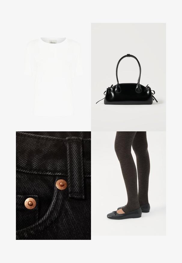 T-shirt blanc à manches courtes en coton doux, avec un col rond et une coupe décontractée, sans motifs ni accents visibles.; Gros plan sur un tissu en denim noir avec un bouton en cuivre gravé, des coutures renforcées et une ceinture plate.; Jambes portant des leggings côtelés foncés associés à des ballerines noires avec de petits détails en nœud sur fond blanc.; Petit sac à main noir brillant avec deux longues anses et des détails à cordon sur les côtés sur un fond clair uni.