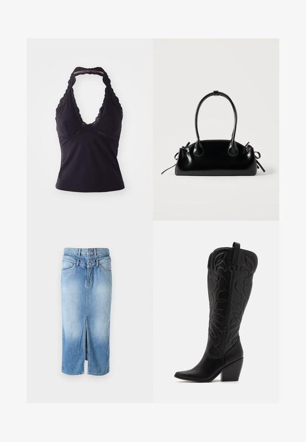 Top halter negro hecho de una tela suave y elástica. Presenta un escote en V profundo y un borde de encaje a lo largo del escote y la espalda.; Falda de denim azul claro con una abertura en la parte delantera, cierre de dos botones, cintura alta y diseño estándar de cinco bolsillos. Textura suave, de longitud media.; Botas negras de cuero hasta la rodilla con punta puntiaguda y tacón apilado. Presentan costuras decorativas y elementos de diseño curvados.; Pequeño bolso negro brillante con dos asas largas y detalles de cordón lateral sobre un fondo claro liso.