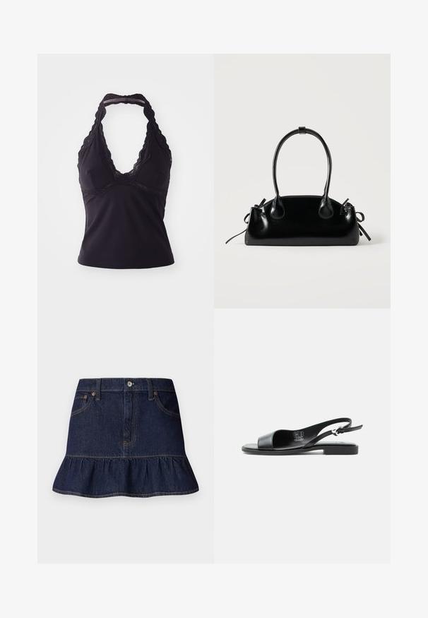Top halter negro hecho de una tela suave y elástica. Presenta un escote en V profundo y un borde de encaje a lo largo del escote y la espalda.; Falda de mezclilla oscura con dobladillo con volantes, diseño de cinco bolsillos, trabillas para cinturón y cierre frontal de botón. Textura suave y corte recto.; Sandalia plana de cuero negro con puntera abierta y tira trasera ajustable en fondo blanco.; Pequeño bolso negro brillante con dos asas largas y detalles de cordón lateral sobre un fondo claro liso.