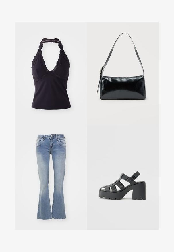 Top halter negro hecho de una tela suave y elástica. Presenta un escote en V profundo y un borde de encaje a lo largo del escote y la espalda.; Jeans de mezclilla de corte acampanado en color azul, con un lavado claro, cinco bolsillos y cierre de botón. Las piernas son anchas en el dobladillo.; Sandalias de plataforma negras con un tacón grueso, que presentan tiras anchas, punta abierta, correa ajustable en el tobillo y base texturizada.; Bolso de hombro rectangular negro con una correa ajustable y un cierre de cremallera superior sobre un fondo liso.
