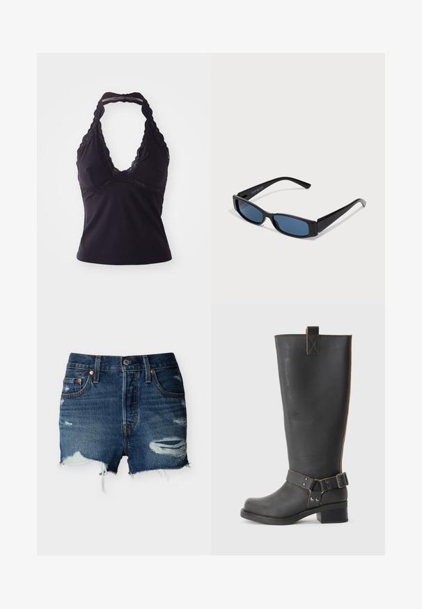 Sort halterneck-top lavet af glat, strækbart stof. Har en dyb V-halsudskæring og blonder langs halsudskæringen og ryggen.; Blå denimshorts med slidte rifter, frynset kant, forlommer, bæltestropper og knaplukning på en ensfarvet baggrund.; Sorte læderknæhøje støvler med en tekstureret overflade, der har en sidebuckle-detalje og en lav hæl. Særligt detaljeret syninger langs sømmene.; Sorte solbriller med en slank rektangulær ramme og blå linser. Har en glat overflade og robuste stænger. Mærkets logo på siden.