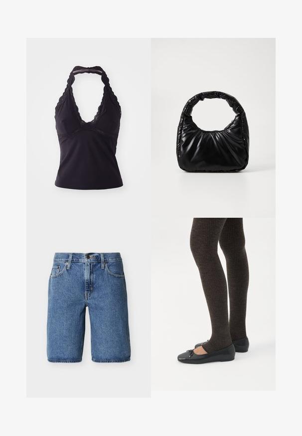 Sort halterneck-top lavet af glat, strækbart stof. Har en dyb V-halsudskæring og blonder langs halsudskæringen og ryggen.; Blå denim-knee-length shorts med frontknap og lynlås, forlommer og bæltestropper på en ensartet lys baggrund.; Ben iført mørke ribbede leggings kombineret med sorte balletsko med små sløjfedetaljer på hvid baggrund.; Sort polstret håndtaske med et rundt håndtag, der har en glat, skinnende overflade og en blød, kviltet tekstur. Ingen synlige hardware eller accenter.