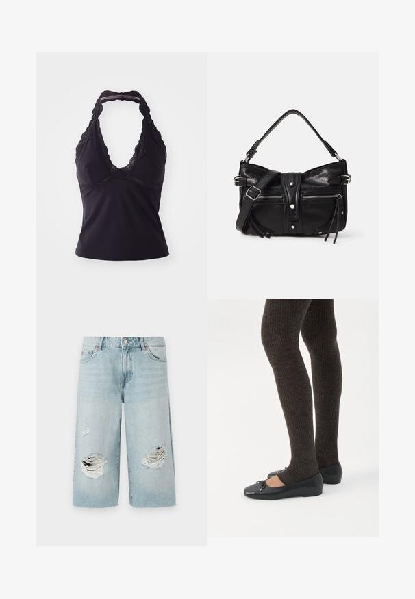 Sort halterneck-top lavet af glat, strækbart stof. Har en dyb V-halsudskæring og blonder langs halsudskæringen og ryggen.; Lyseblå denimshorts med løs pasform, der har to store slidte huller foran. Fem lommer og en synlig metalknaplukning.; Ben iført mørke ribbede leggings kombineret med sorte balletsko med små sløjfedetaljer på hvid baggrund.; Even&Odd by Zalando H24462 - Håndtasker - black