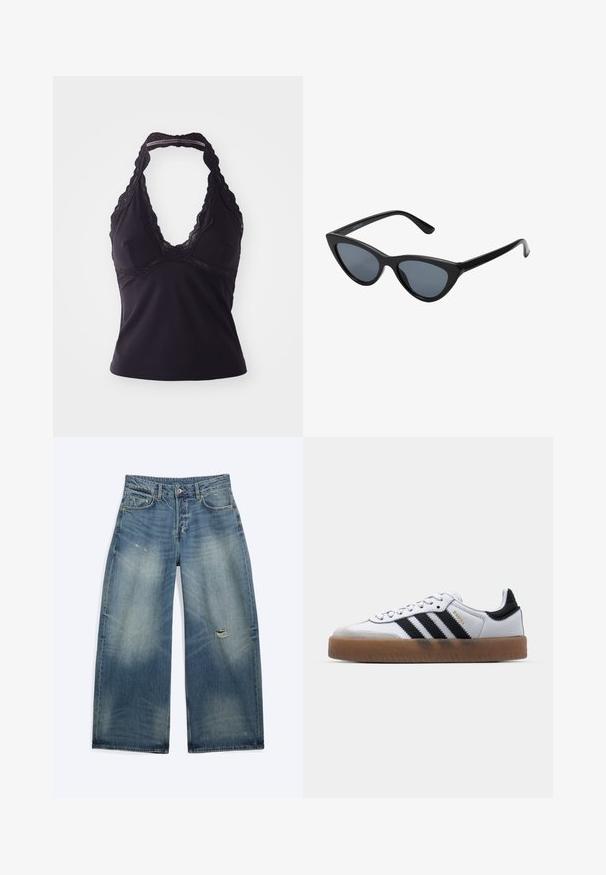 Top halter negro hecho de una tela suave y elástica. Presenta un escote en V profundo y un borde de encaje a lo largo del escote y la espalda.; Vaqueros de mezclilla azul de corte holgado con zonas descoloridas y un pequeño desgarro en el muslo derecho, con bolsillos delanteros y trabillas para cinturón.; Zapatillas de cuero blancas con rayas negras, suela de goma, puntera redonda, cierre de cordones y caperuza de ante gris suave.; Gafas de sol negras en forma de ojo de gato con lentes gris oscuro, marco de plástico elegante, esquinas puntiagudas y patillas rectas. Sin herrajes ni acentos visibles.