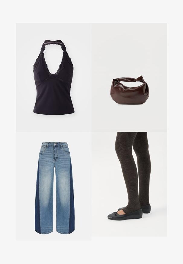 Sort halterneck-top lavet af glat, strækbart stof. Har en dyb V-halsudskæring og blonder langs halsudskæringen og ryggen.; Vidbenede denimjeans med lyse frontpaneler og mørkere sidepaneler, forreste knap, lynlåslukning og forlommer.; Ben iført mørke ribbede leggings kombineret med sorte balletsko med små sløjfedetaljer på hvid baggrund.; Mørkebrun læder skuldertaske med en blød, afslappet form og et snoet knudehåndtag på en ensartet hvid baggrund.