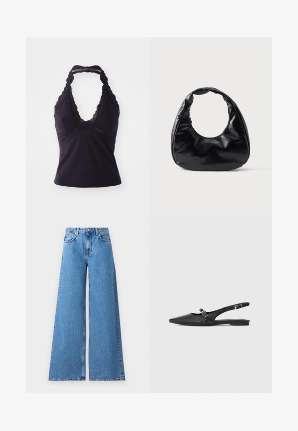 Zwarte haltertop van soepel, rekbaar materiaal. Heeft een diepe V-halslijn en kantafwerking langs de halslijn en de rug.; Brede blauwe denim jeans met een hoge taille, voorzien van een klassieke vijf-pocket ontwerping en steken langs de zijkanten voor extra detail.; Zwarte leren slingback schoenen met een spitse neus, voorzien van een smalle band en een zilveren gesp aan de zijkant. Platte zool.; Zwarte neplederen handtas met een unieke halve maanvorm, een brede, gevoerde handgreep en een ritssluiting. Glad, glanzend oppervlak, minimalistisch ontwerp.