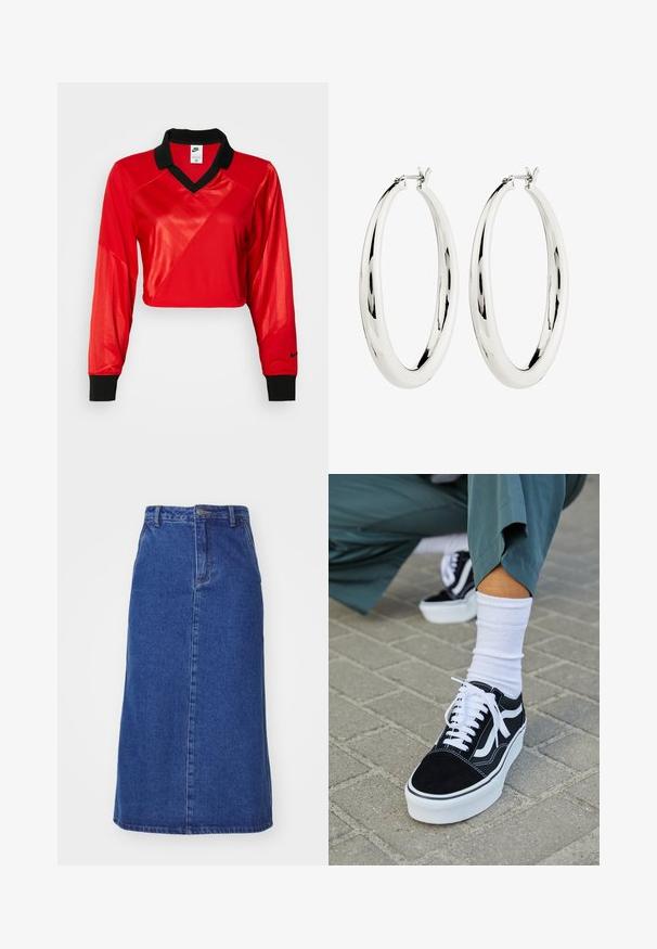 Červený skrátený športový top s čiernym golierom, dlhými rukávmi, s textúrovaným vzorom a logom Nike na rukáve. Hladká a lesklá látka.; Džínová sukňa v tmavomodrej farbe, so slim pásom, rovnými siluetami a prednými švami, s dĺžkou, ktorá sa končí pod kolenami.; Čierne semišové tenisky s bielymi akcentmi a šnúrkami, s hrubou bielou podrážkou a kontrastným prešívaním, doplnené o bielu ponožku.; Strieborné kruhové náušnice s hladkým, reflexným povrchom. Guľatý, veľký tvar s bezpečným zapínaním na vrchu. Lesklý povrch ukazuje žiaru.