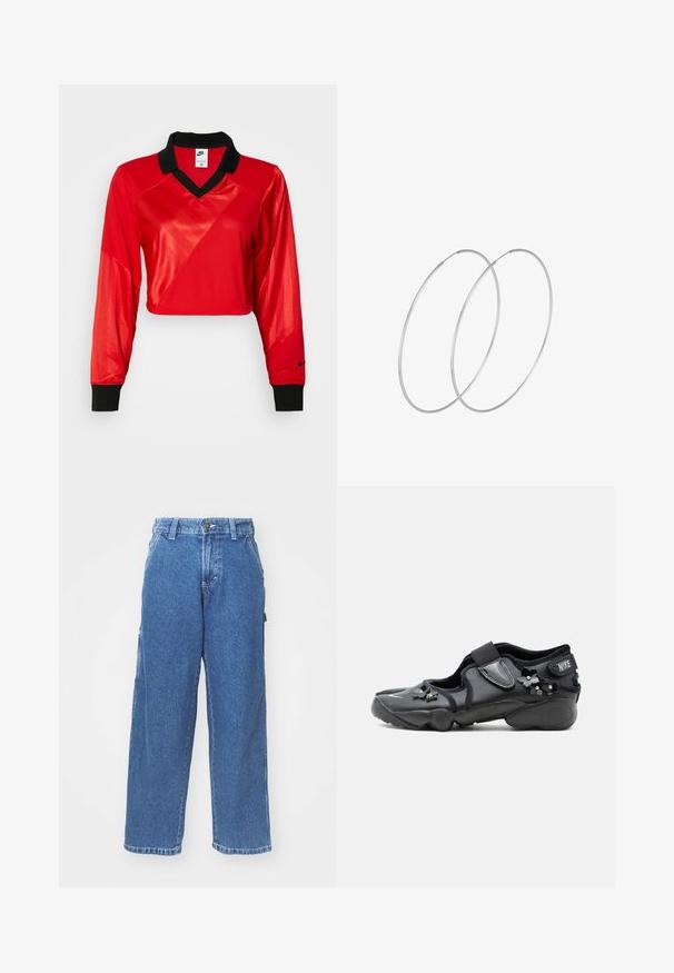 Punane lühikeste varrukate sporditopp musta kraega, pikkade varrukatega, tekstuurse mustriga ja Nike logo käisel. Sile ja läikiv kangas.; Sinine denim laiad püksid kõrge vöökohaga, nööbiga kinni laskmine ja küljetaskud. Pleekinud pesu pehme tekstuuriga ja sirge lõikega.; Must Nike Air jalanõu takjapaelaga, kaunistatud väikeste mustade lilleornamentidega külgedel ja ees.; Hõbedased rõngastikkaehingad minimalistlikus disainis. Ümar kuju, sile tekstuur ja õhuke profiil. Kerged ning poleeritud viimistlusega.