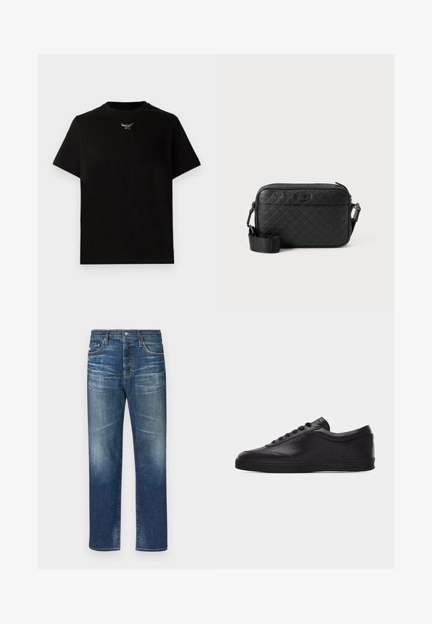 Sort bomulds T-shirt med korte ærmer, rund halsudskæring og en sølvlogo detalje på brystet. Glat tekstur og afslappet pasform.; Blå denim jeans med lige ben, der har slidte områder, et klassisk fem-lomme design, kobbernitter og en knapgennemgang.; Sort lavtstående lædersneaker med snørebånd foran og flad gummisål, vist fra siden på en ensartet hvid baggrund.; Sort tekstureret crossover-taske med prægede geometriske mønstre og justerbar rem med brandlogo.