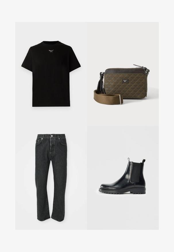 Sort bomulds T-shirt med korte ærmer, rund halsudskæring og en sølvlogo detalje på brystet. Glat tekstur og afslappet pasform.; Sorte lige bukser i denim med frontknap og lynlås, front- og baglommer synlige på en hvid baggrund.; Sorte læder Chelsea støvler med elastiske sidepaneler, en løkke for nem påtagning, og en robust gummisål med struktureret greb.; Lille rektangulær brun crossbodytaske med mønstret tekstur, frontlogo-patch, lynlås og bred justerbar rem.