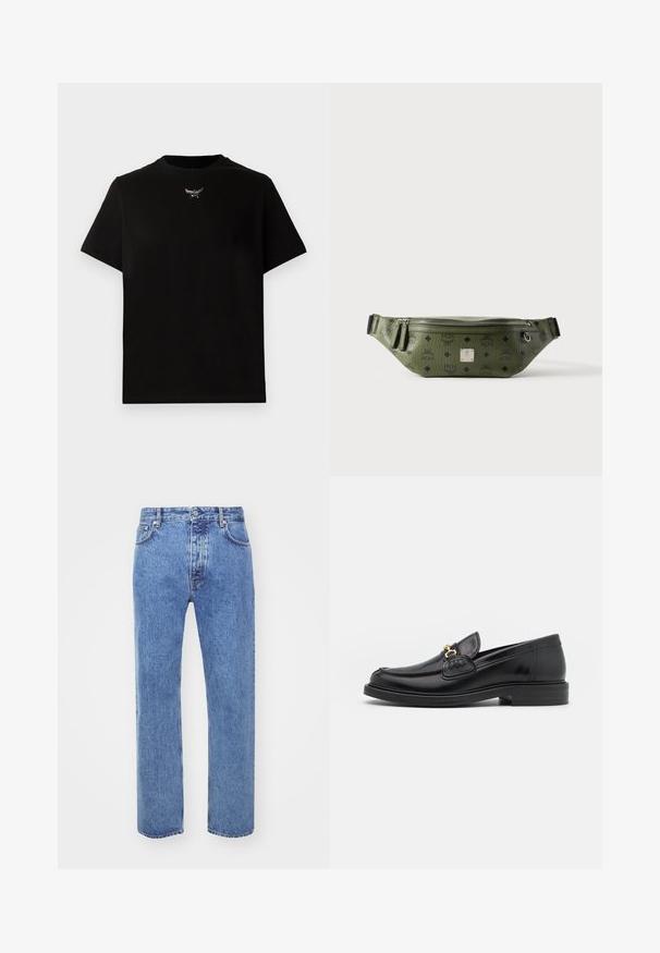 Sort bomulds T-shirt med korte ærmer, rund halsudskæring og en sølvlogo detalje på brystet. Glat tekstur og afslappet pasform.; Won Hundred STEVE - Jeans Relaxed Fit - cut blue; Sorte læder loafers med en rund tå, der har guld hardware accent og syningsdetaljer, placeret på en lav, tekstureret gummisål.; Olivengrøn tekstureret læder talletaske med sorte logoer, sølv lynlås, dobbelt lynlåstræk og central sølv brandplade.
