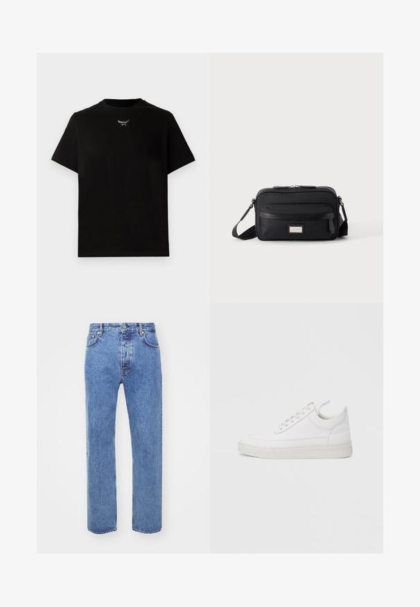 Sort bomulds T-shirt med korte ærmer, rund halsudskæring og en sølvlogo detalje på brystet. Glat tekstur og afslappet pasform.; Won Hundred STEVE - Jeans Relaxed Fit - cut blue; Hvid lædersneaker med rundet tå, flad sål og snørebånd foran. Har syningsdetaljer og polstret krave for komfort.; Sort rektangulær crossbody-taske med front lynlåslomme, justerbar rem og sølv rektangulært logo mærke på ensfarvet baggrund.