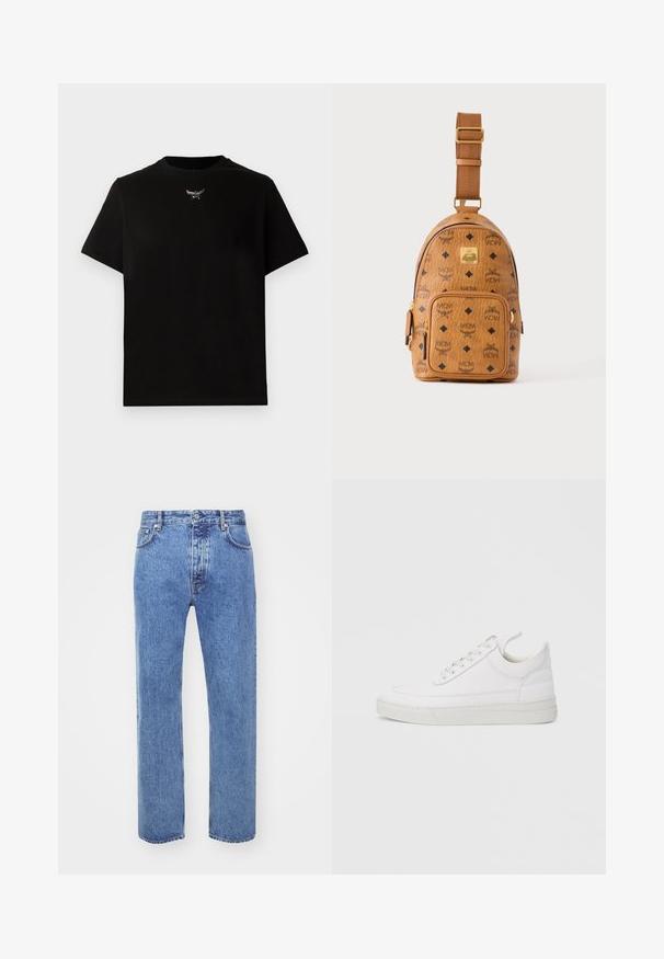 Zwarte katoenen T-shirt met korte mouwen, ronde hals en een zilveren logo-detail op de borst. Gladde textuur en een ontspannen pasvorm.; Won Hundred STEVE - Relaxed fit jeans - cut blue; Witte leren sneaker met een afgeronde neus, platte zool en veters aan de voorkant. Voorzien van stikseldetails en een gevoerde kraag voor comfort.; Kleine lichtbruine leren crossbodytas met verstelbare schouderriem, voorvak met rits en herhalend zwart MCM-logo patroon.