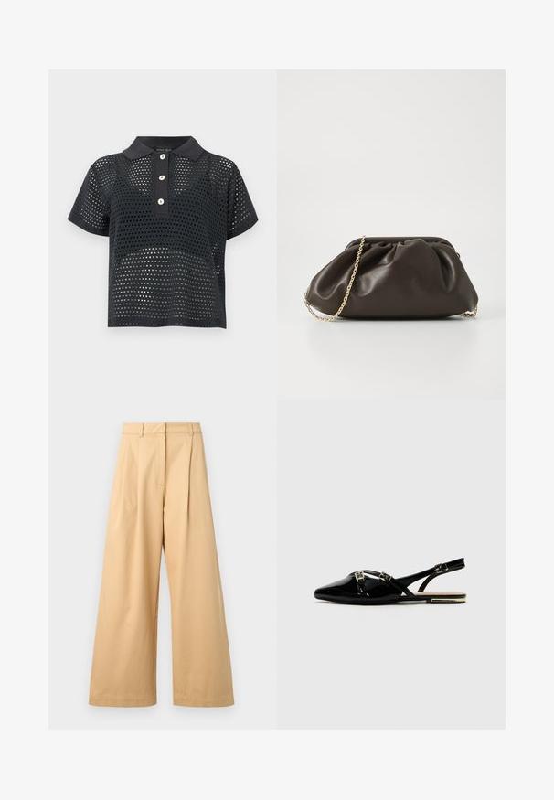 Polo noir à manches courtes avec tissu perforé et trois boutons blancs sur le devant.; Pantalons larges beiges en coton doux, avec une taille plate, des plis et des poches latérales visibles.; Des chaussures slingback en cuir verni noir avec un bout pointu, ornées de deux boucles dorées et d'un petit talon. Texture lisse et design minimaliste.; Sac à main en cuir marron avec un design froncé, une bandoulière en chaîne dorée et une finition douce et texturée. Sa forme compacte est idéale pour une utilisation en soirée.