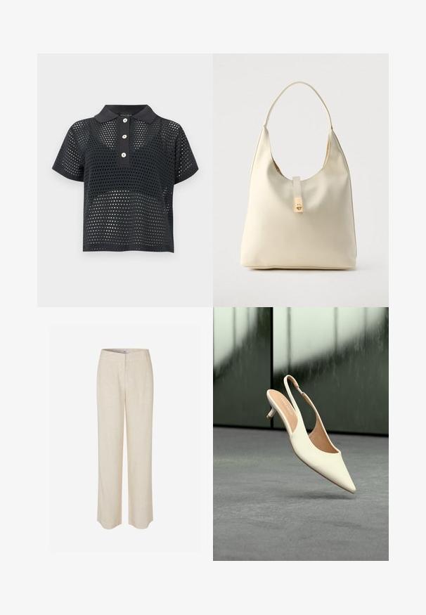 Polo noir à manches courtes avec tissu perforé et trois boutons blancs sur le devant.; Pantalon en lin beige à coupe droite, avec une texture lisse et un léger éclat. Comprend une ceinture et des poches avant discrètes.; Chaussure femme beige à bout pointu avec bride arrière et petit talon kitten, flottant au-dessus d'un sol gris sur fond sombre flou.; Sac hobo en cuir couleur crème avec une seule bandoulière, texture lisse et un détail de fermoir doré à l'avant.
