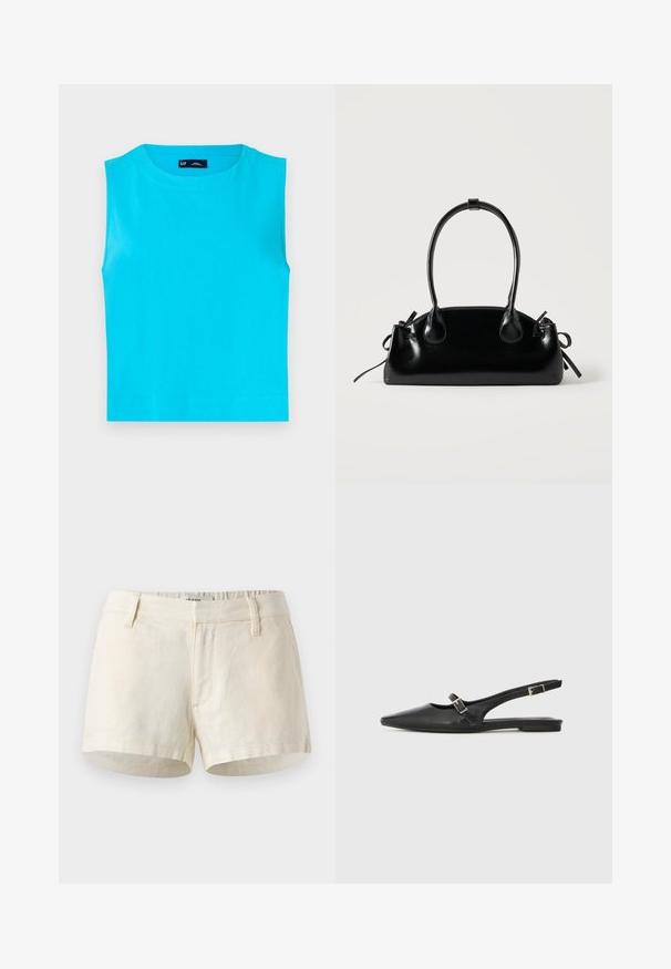 Haut sans manches, d'un turquoise vif en coton doux. Comprend un col rond et un ourlet droit et court sans fermetures visibles.; Shorts beige clair en lin. Dotés d'une taille plate, de poches avant et d'un ourlet net. Design simple et minimal.; Chaussures slingback en cuir noir avec un bout pointu, comprenant une lanière étroite et un accent de boucle argentée sur le côté. Semelle plate.; Petit sac à main noir brillant avec deux longues anses et des détails à cordon sur les côtés sur un fond clair uni.
