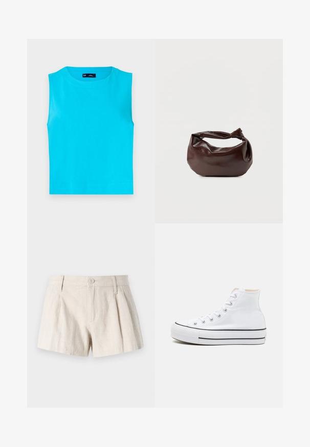 Haut sans manches, d'un turquoise vif en coton doux. Comprend un col rond et un ourlet droit et court sans fermetures visibles.; Shorts en lin de couleur beige clair, dotés d'un design plissé, d'une fermeture à bouton sur le devant et d'une finition lisse et texturée.; Baskets montantes blanches en toile, semelle en caoutchouc noir et bande noire contrastante sur la semelle intermédiaire. Bout rond et design à lacets.; Sac bandoulière en cuir marron foncé avec une forme souple et décontractée et une anse nouée torsadée sur un fond blanc uni.