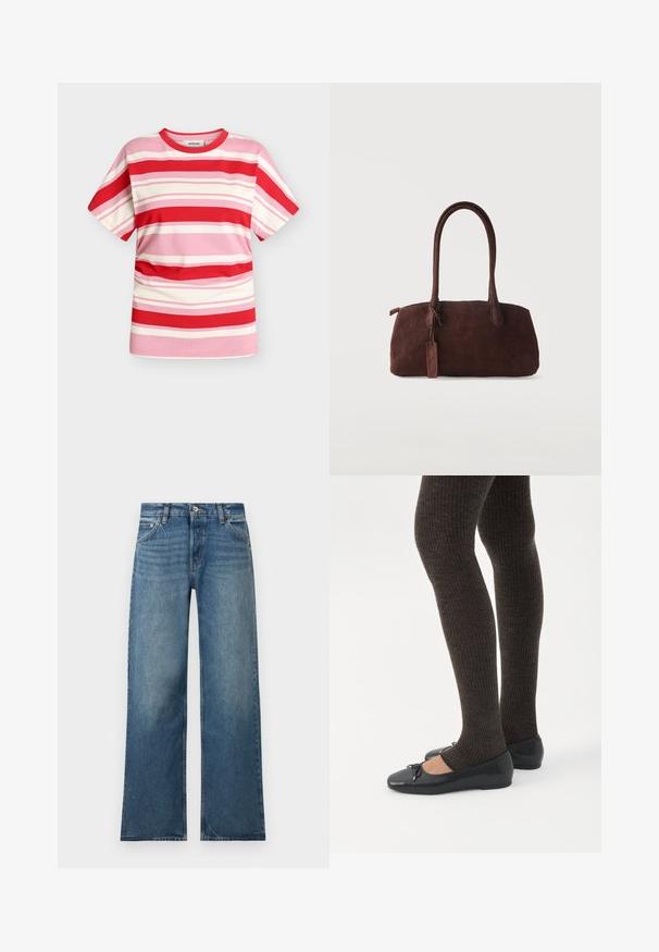 Modström URBANMD STRIPE T-SHIRT - Μπλουζάκι με στάμπα - hibiscus peach stripe; Μπλε τζιν παντελόνι με φαρδύ μπατζάκι, με κούμπωμα κουμπιού και φερμουάρ μπροστά, τσέπες μπροστά και πίσω, και διακριτικές ξεθωριασμένες λεπτομέρειες.; Πόδια με σκουρόχρωμα ριμπ κολάν συνδυασμένα με μαύρα μπαλαρίνα παπούτσια με μικρές λεπτομέρειες φιόγκων σε λευκό φόντο.; Τσάντα ώμου από σκούρο καφέ σουέντ με δύο μακριές λαβές και μια μικρή προσαρτημένη ετικέτα, σε απλό ανοιχτό φόντο.