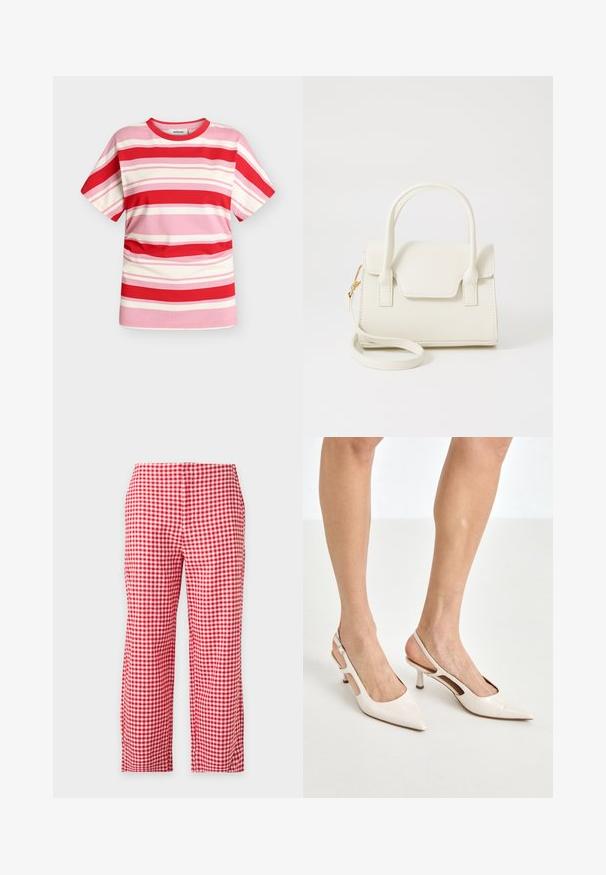 Modström URBANMD STRIPE T-SHIRT - Μπλουζάκι με στάμπα - hibiscus peach stripe; Κόκκινο και λευκό καρό παντελόνι τύπου gingham, ίσια γραμμή, σε πλήρες μήκος, με μπροστινή όψη σε απλό ανοιχτό φόντο. Χωρίς ορατές τσέπες ή κουμπιά.; Μπεζ παπούτσια με λουστρίνι, τύπου slingback, με μυτερή μύτη και τακούνι 5 εκ., που διαθέτουν κομμένες πλευρές και λεπτό λουράκι στον αστράγαλο.; Μικρή λευκή τσάντα με διπλές λαβές, εμπρόσθιο καπάκι και αποσπώμενο ιμάντα ώμου με χρυσή πόρπη σε απλό λευκό φόντο.