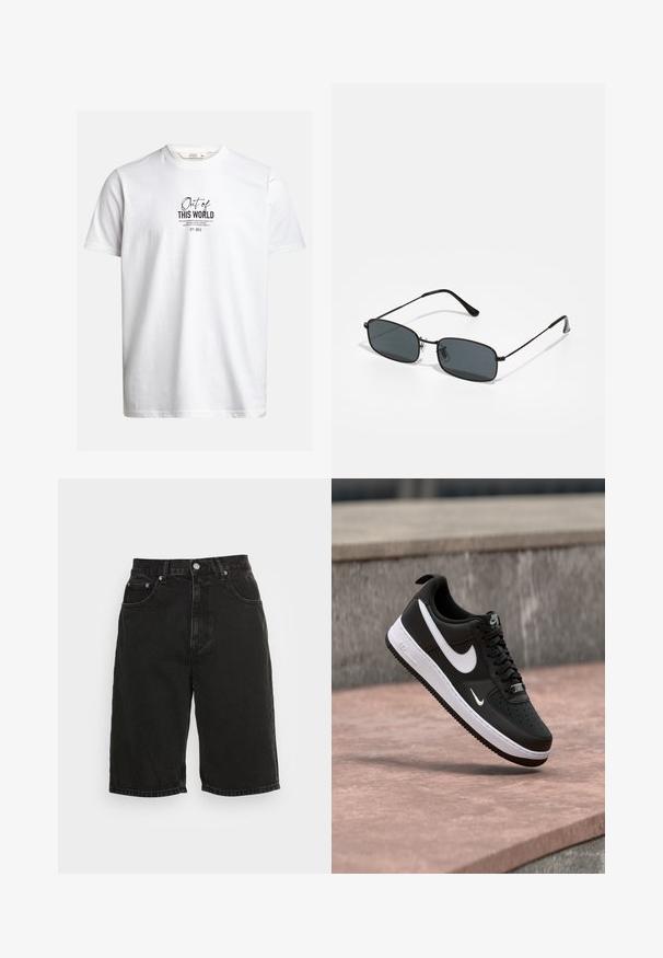 T-shirt blanc à manches courtes avec texte noir « Out of THIS WORLD » et un texte descriptif plus petit au centre devant, col rond.; Short en jean noir taille haute avec bouton à l'avant, fermeture éclair, passants de ceinture et cinq poches, sur un fond clair uni.; Baskets Nike Air Force 1 noir et blanc suspendues au-dessus d'une surface en béton rose avec un fond en pierre grise.; Lunettes de soleil rectangulaires noires avec une fine monture en métal et des verres foncés reposant sur une surface blanche.