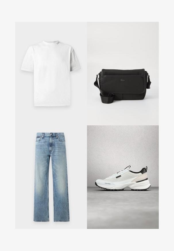 Hvid kortærmet T-shirt med rund halsudskæring, der har en subtil tekstur og en lille logo-detail på venstre skulder.; Lyseblå denim jeans med lige ben, højt talje, fem lommer, knaplukning og diskrete falmede områder på lår og knæ.; Hvid og sort Calvin Klein-sneaker med mesh-sider og tyk sål, der svæver over et gråt gulv nær en glasblokvæg.; Sort messenger bag lavet af tekstureret nylon med en frontflap, justerbar strop og en lille logoaccent. Har to lynlåslommer.