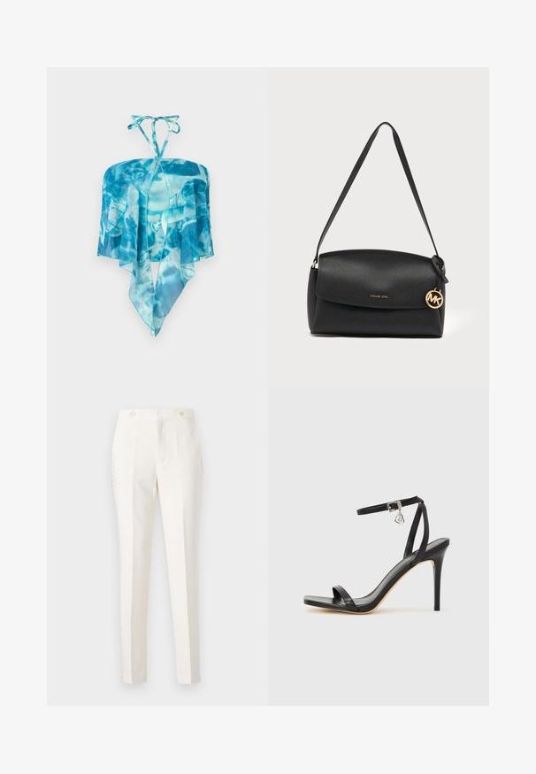 Haut dos nu à teinture bleue avec tissu transparent et ourlet pointu en forme de mouchoir, suspendu sur un fond blanc.; Pantalon blanc ajusté avec une coupe slim, doté de deux poches avant, d'une fermeture à double bouton et de détails latéraux subtils. Texture lisse.; Sandale à talon haut noire avec une bride étroite à la cheville, bout carré, cuir lisse et accent de boucle métallique.; Sac à épaule en cuir noir avec rabat, breloque logo Michael Kors dorée et bandoulière réglable sur un fond clair uni.