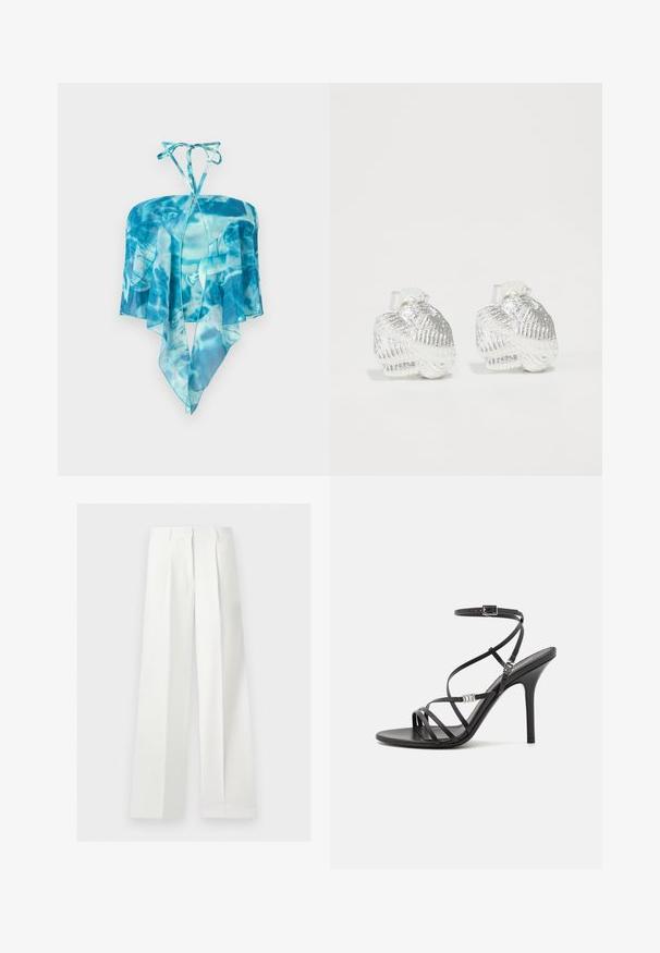Haut dos nu à teinture bleue avec tissu transparent et ourlet pointu en forme de mouchoir, suspendu sur un fond blanc.; Pantalon blanc taille haute à jambes larges, confectionné, avec plis devant et fermeture éclair cachée.; Sandale noire à talons hauts avec des brides fines, une boucle à la cheville, une surface en cuir lisse et un talon aiguille élancé.; Boucles d'oreilles en argent en forme de coquillage avec des nervures texturées et des courbes lisses, dotées d'un dos transparent pour un port sécurisé.