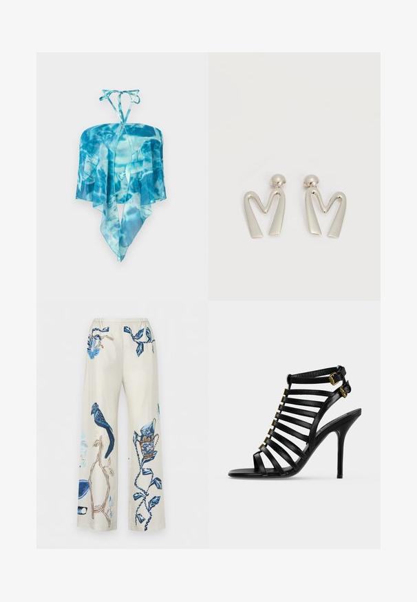 Haut dos nu à teinture bleue avec tissu transparent et ourlet pointu en forme de mouchoir, suspendu sur un fond blanc.; Pantalon beige à jambes larges avec des imprimés botaniques et d’oiseaux bleus, avec des feuilles et des branches détaillées et un oiseau perché sur une branche.; Sandale à talon haut en cuir noir avec plusieurs brides horizontales et deux boucles dorées à la cheville sur un fond clair uni.; Paire de boucles d'oreilles en métal argenté en forme de lettre M angulaire avec des tiges arrondies sur fond blanc.