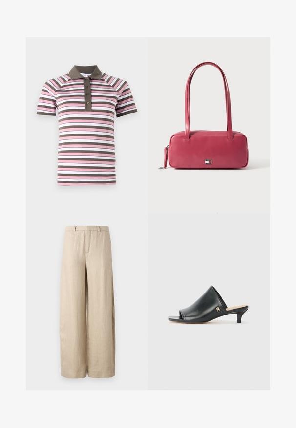 Poloshirt mit kurzen Ärmeln in pinken, weißen und braunen horizontalen Streifen, braunem Kragen und Knopfleiste.; Beige, weit geschnittene Hosen aus Leinen. Mit einer Vorderfalte, zwei Seitentaschen und einem Bund mit Gürtelschlaufen. Glatte Textur.; Schwarze Leder-Pantoletten mit offenen Zehen und niedrigem Absatz. Sie verfügen über eine glatte Oberfläche und ein goldenes Logo-Detail an der Seite.; Rosa Ledertasche mit rechteckiger Form, zwei Griffen und einem kleinen Metallemblem auf der Vorderseite, mit einer glatten, glänzenden Oberfläche.