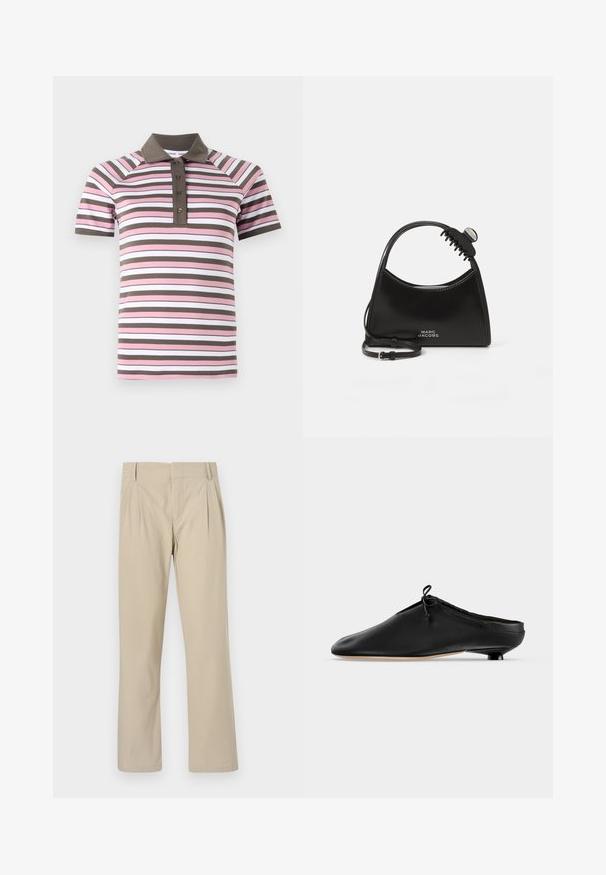Poloshirt mit kurzen Ärmeln in pinken, weißen und braunen horizontalen Streifen, braunem Kragen und Knopfleiste.; Beige weite Hosen aus Baumwollmischung; mit Falten vorne, geradem Schnitt und Gürtelschlaufen. Glatte Textur, keine Muster.; Schwarzer Leder-Slipper mit kleinem abgerundetem Absatz und einer gebundenen Schleife nahe dem oberen Rand, seitlich gezeigt.; Schwarze Marc Jacobs Handtasche mit einem gebogenen Griff und einer angehefteten schwarzen Haarklammer auf einem weißen Hintergrund.
