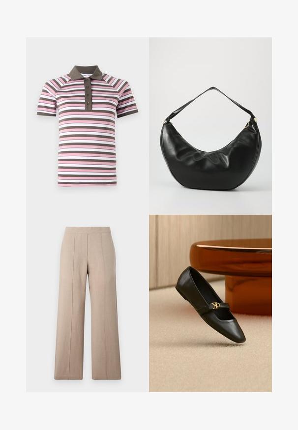 Korte mouw polo shirt met roze, witte en bruine horizontale strepen, een bruine kraag en een knoopsluiting.; Beige wijdvallende broek gemaakt van lichtgewicht stof, met voorplooien, een gladde tailleband en een recht model met nette zomen.; Zwarte leren platte schoen met puntige neus en gouden CK-logo op het bandje, geplaatst op een beige tapijt bij een ronde amberbruine tafel.; Zwarte leren schoudertas met een gebogen vorm, zachte textuur en een enkele schouderband; beschikt over een gouden rits en subtiele branding.