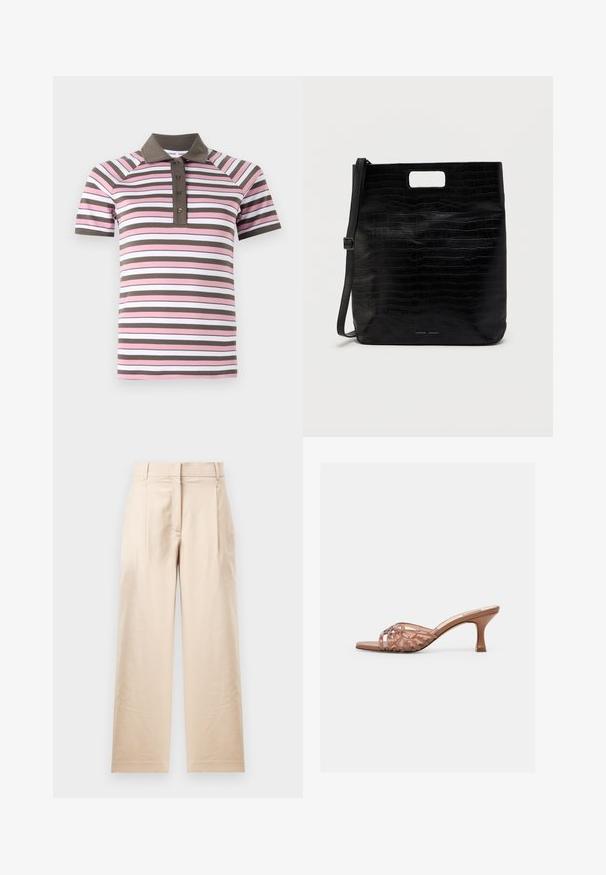 Poloshirt mit kurzen Ärmeln in pinken, weißen und braunen horizontalen Streifen, braunem Kragen und Knopfleiste.; Beige Hose aus glattem Stoff. Mit geradem Schnitt, flachem Bund und zwei Falten. Keine sichtbaren Muster oder Beschläge.; Braune offene Mule-Sandale mit geflochtenen oberen Riemen und einem mittelhohen, gewölbten Absatz vor einem schlichten weißen Hintergrund.; Schwarze Kunstleder-Tasche mit Krokodilmuster, rechteckiger Form, ausgeschnittenem Obergriff und abnehmbarem Schulterriemen. Markenlogo sichtbar.