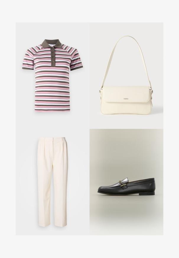 Korte mouw polo shirt met roze, witte en bruine horizontale strepen, een bruine kraag en een knoopsluiting.; Lacoste Broek - lapland; Zwarte leren loafer met zilveren bovenkant, gouden kettingdetail, lage hak en afgeronde neus op een neutrale achtergrond.; Schoudertas van crèmegekleurd leer met een klepafsluiting, zilverkleurige hardware, een enkele verstelbare riem en subtiele logodetails.