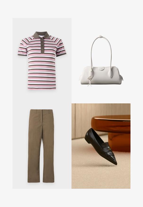 Poloshirt mit kurzen Ärmeln in pinken, weißen und braunen horizontalen Streifen, braunem Kragen und Knopfleiste.; Braune gerade Schnitt Hose aus Baumwollmischgewebe. Verfügt über Gürtelschlaufen, eine Vordertasche und eine glatte, ungemusterte Textur.; Schwarzer spitz zulaufender Leder-Loafer mit Fransen-Detail, auf beigem Teppich neben einem runden orangenen Glastisch positioniert.; Weiße Calvin Klein Schultertasche mit langen Griffen, rechteckiger Form, Reißverschluss und dekorativem Logo-Anhänger, der in der Nähe des Griffs hängt.