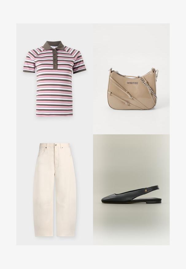 Camisa polo de manga corta con rayas horizontales rosas, blancas y marrones, cuello marrón y tapeta de botones.; Pantalones de pierna ancha en color blanco roto con cintura alta, botón y cremallera delanteros, trabillas para cinturón y dos bolsillos delanteros sobre un fondo liso.; Zapato plano negro de cuero con tira trasera, punta afilada y acento de logo dorado en la tira, mostrado sobre un fondo neutro.; Bolso de piel sintética beige con forma curva, que presenta tres correas diagonales y una correa de cadena plateada. Incluye un cierre con cremallera y detalle del logo.