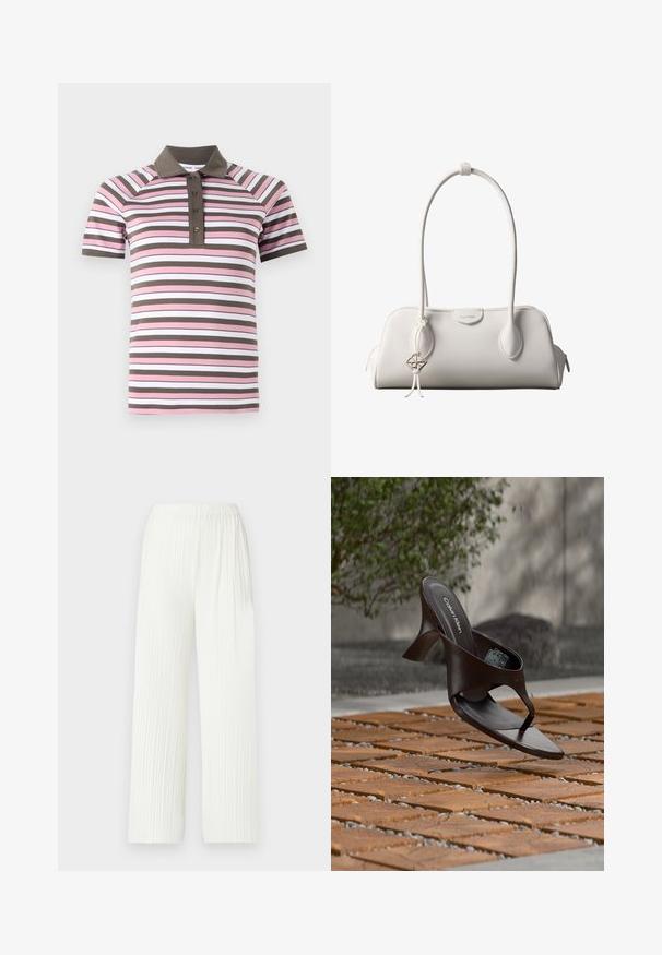 Korte mouw polo shirt met roze, witte en bruine horizontale strepen, een bruine kraag en een knoopsluiting.; Witte, geplooide bredere broek met een elastische tailleband. Gemaakt van lichtgewicht stof, met verticale strepen en een vloeiende pasvorm.; Bruine Calvin Klein teenslipper met hak, hangend boven houten tegels en grind op een buitenvloer met een vage achtergrond van groen en stenen.; Witte Calvin Klein schoudertas met lange hengsels, rechthoekige vorm, ritssluiting en decoratieve logohanger bij het hengsel.