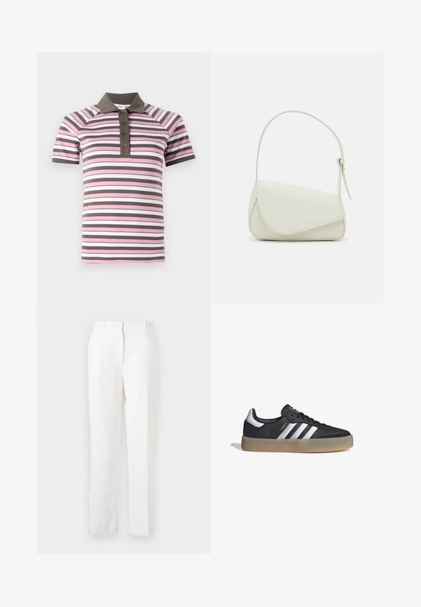 Camisa polo de manga corta con rayas horizontales rosas, blancas y marrones, cuello marrón y tapeta de botones.; Pantalones blancos de pierna recta hechos de una tela ligera con una ligera textura. Presentan bolsillos frontales y un solo pliegue para un detalle adicional.; Zapatilla deportiva de cuero negro con tres rayas plateadas, punta texturizada y suela de goma. Cuenta con un collar acolchado y un diseño con cordones.; Bolso de mano de imitación cuero blanco con una forma triangular estructurada, correa ajustable única y cierre con solapa acentuada en curva.