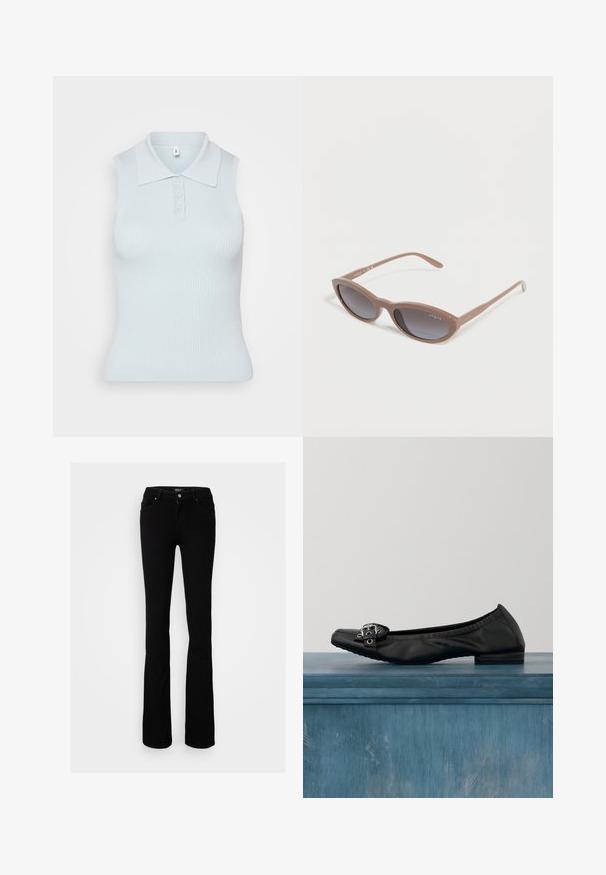 Hele helesinine helesinine polo t-särk ribakujulise tekstuuriga, millel on sirge krae ja ees kolm nööpi. Lihtne disain.; Must have mustharjutatud denimine lõhiku põlvpükse, millel on nupukuulutus, neli taskut ja sile tekstuur, kavandatud sobiva silueti jaoks.; Mustad ballet kingad ümarate näpunäidetega, dekoratiivse pandlaga, siledast mattmaterjalist ja madala, tasase tallaga.; Pruunid ovaalsed päikeseprillid tumeda üleminekuga läätsede ja õhukeste varrastega, „Vogue“ kaubamärk nähtav raamil ja varrastel.