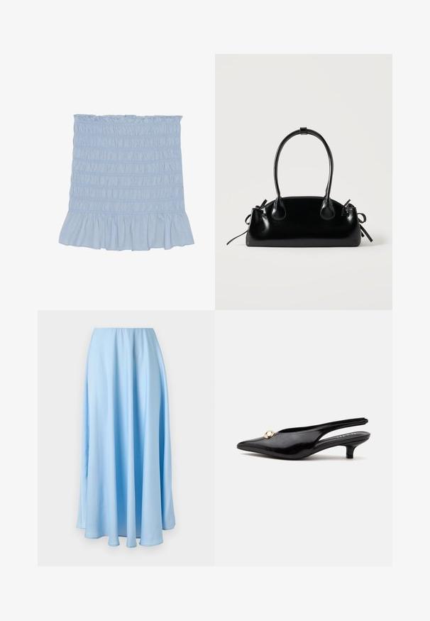Jupe smockée bleu clair avec un ourlet à volants, présentant des coutures texturées sur toute sa surface et fabriquée dans un mélange de coton doux.; Jupe bleu clair longue jusqu'au sol, taille haute, avec de doux plis et une texture de tissu fluide et lisse.; Escarpin slingback noir en cuir verni à petit talon kitten, avec un bout pointu et un petit ornement rond doré sur le dessus.; Petit sac à main noir brillant avec deux longues anses et des détails à cordon sur les côtés sur un fond clair uni.