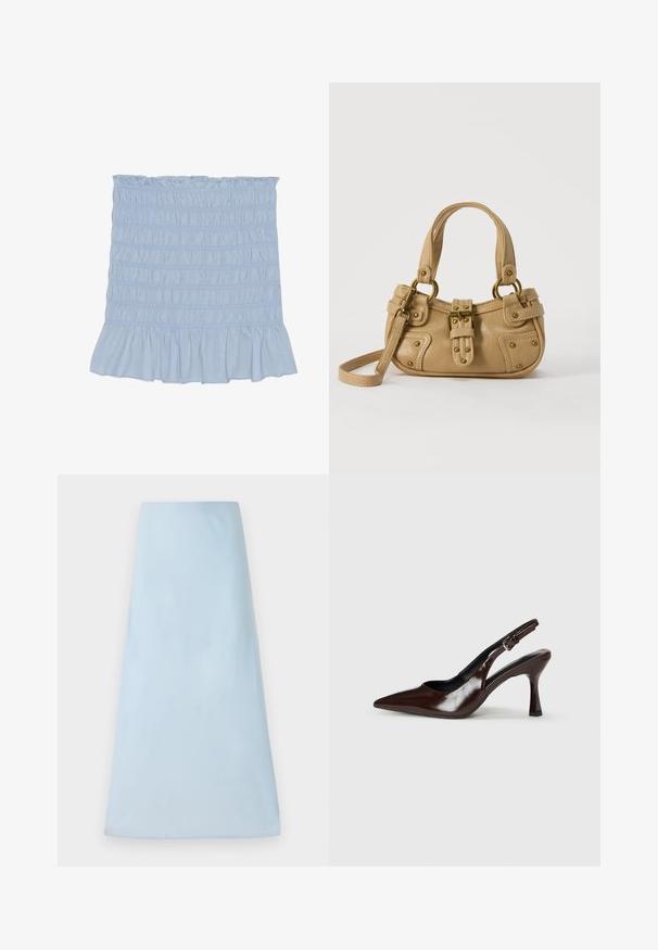 Jupe smockée bleu clair avec un ourlet à volants, présentant des coutures texturées sur toute sa surface et fabriquée dans un mélange de coton doux.; Jupe A-line bleu clair en tissu lisse, avec un design épuré sans motifs ni accents visibles, atteignant une longueur mi-mollet.; Talons slingback en cuir verni brun avec un bout pointu, un talon fin, et une sangle réglable avec une petite boucle.; Sac à main en cuir beige avec double poignées, boucle en laiton et détails rivetés, ainsi qu'une bandoulière réglable sur fond blanc.