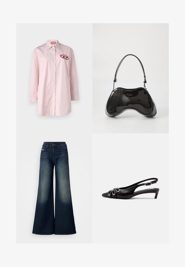 Camisa de manga larga a rayas rosa y blanca con cuello redondeado, cierre frontal de botones y un logo bordado en rojo en el lado izquierdo del pecho.; Jeans de mezclilla de pernera ancha en azul oscuro, con un lavado desgastado, diseño de cinco bolsillos y cierre de botón con trabillas para cinturón. Tejido texturizado.; Zapato slingback de cuero negro con punta puntiaguda, tres hebillas plateadas en la parte delantera y tacón bajo tipo «kitten» sobre fondo blanco.; Bolso de mano de piel sintética negra con un diseño curvado único, asas cortas y ajustables, y abertura con cremallera en la parte superior. Textura suave con una sutil marca.